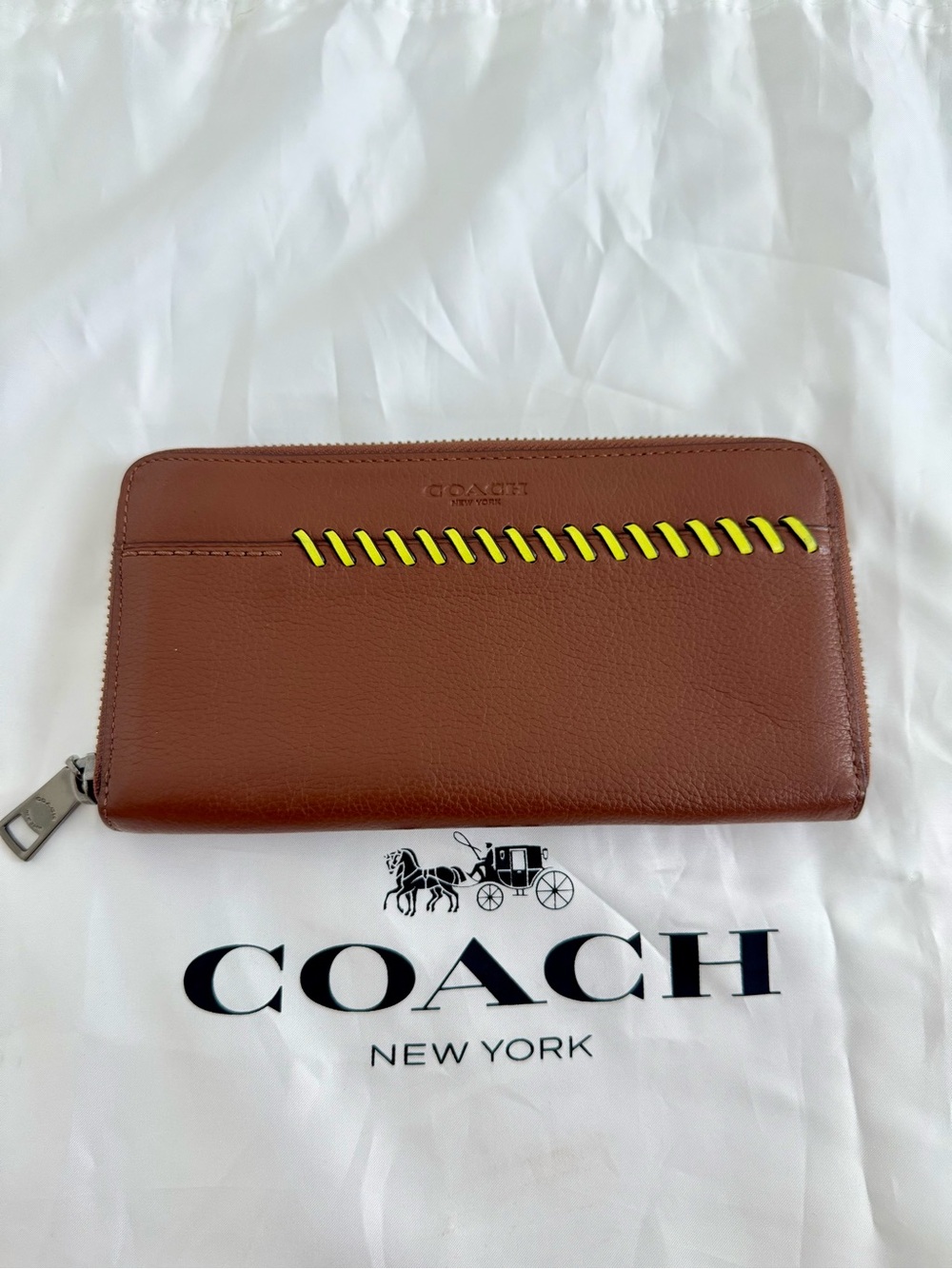 Coach Brown Leather Zip Wallet with Neon Baseball Stitching